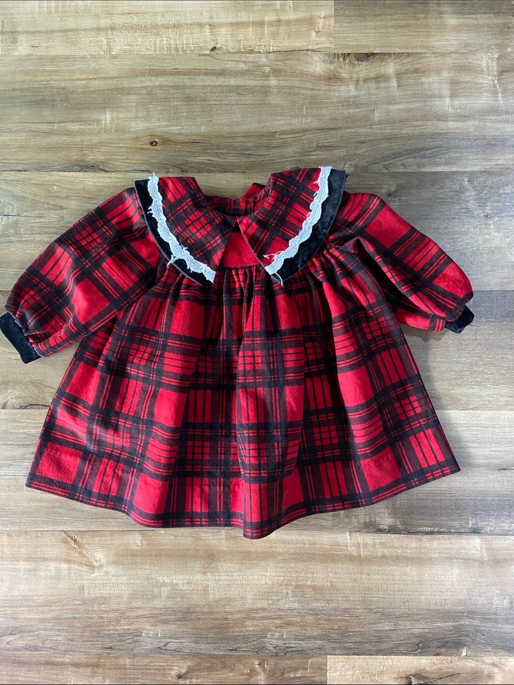 Red & Black Plaid Baby Dress with Lace Collar